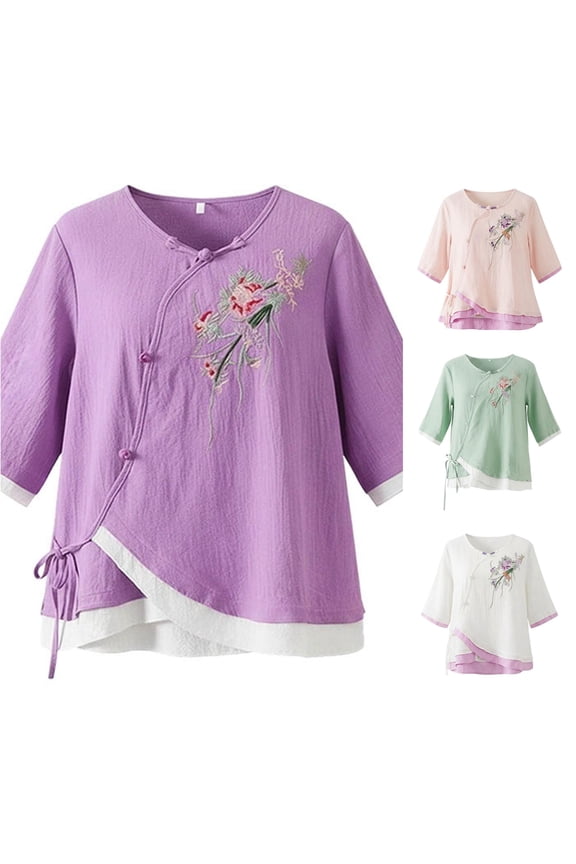 Active Tops Women Blend Embroidered Mandarin Collar Three Quarter Sleeve Boho Blouse with Relaxed Fit for Casual Everyday Wear Purple 4XL
