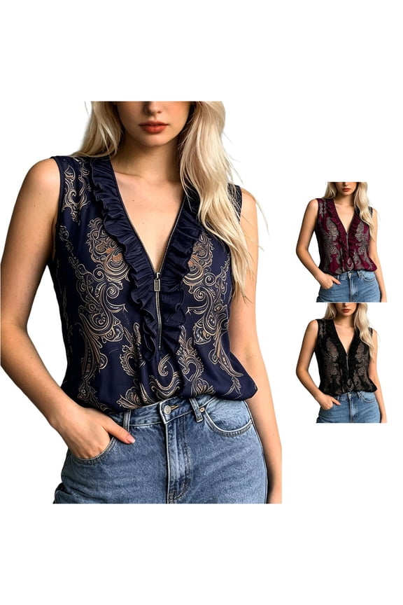Active Tops Women Bohemian Paisley Print Lace Trim Zip Front Blouse for Everyday Wear Ideal for Casual and Styling Blue XL