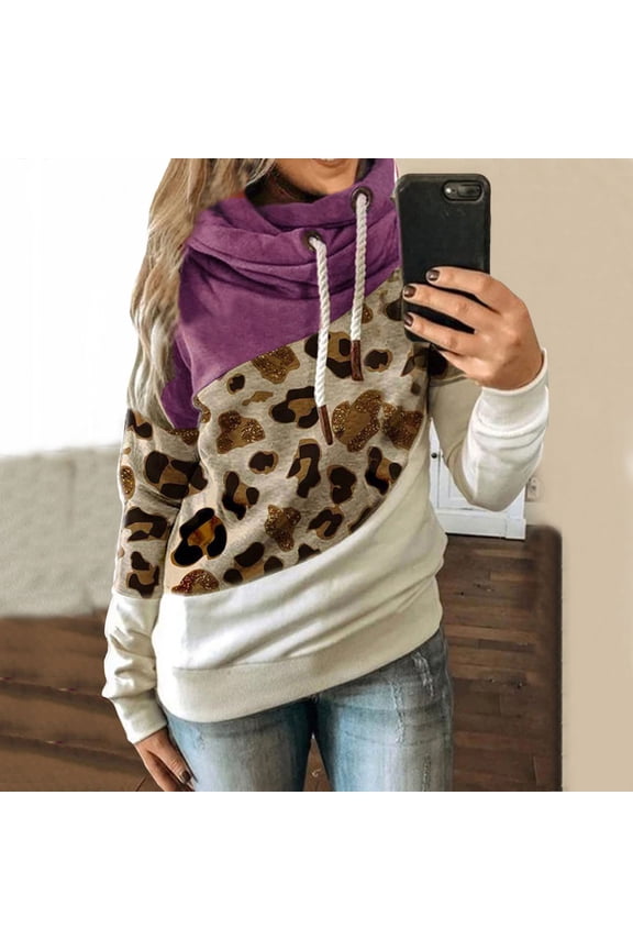 Active Tops Women Casual Leopard Printed Hooded Top Splice Long Sleeve Sweatshirt Pullover for Women Modern Hooded Sweatshirt with Leopard Design Relaxed Fit and Comfortable Pink S