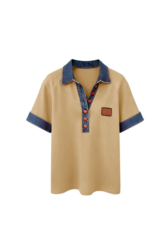 Active Tops Women Casual Short Sleeve Tee with Denim Shirt Collar for Everyday Comfort and Smart Daily Style Beige S