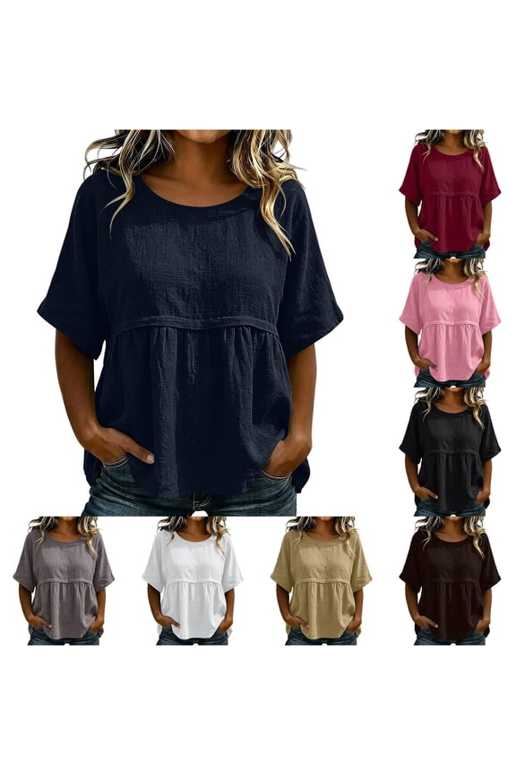 Active Tops Women Classic Everyday Solid Short Sleeve Crewneck Pullover Blouse for Casual and Wear Ideal Spring Summer Top Blue M