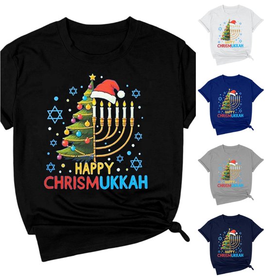 Active Tops Women Elegant Hanukkah Graphic Tee for Women — Casual Short Sleeve Top with Inspiring Letter Print for Everyday Comfort and Festive Celebration ( Black S