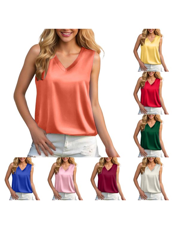 Active Tops Women Elegant Satin Camisole Top for Daily Wear with U-Neck and Solid Color Sleeveless Tank Blouse for Women's Casual Resort Orange XXL