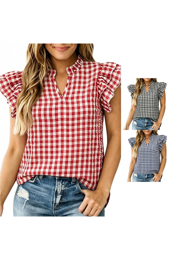 Active Tops Women Elegant Womens T Shirt with Layer Ruffle Trim Short Sleeve Top for Daily Casual Floral Lattice Pattern Summer Wear Red L