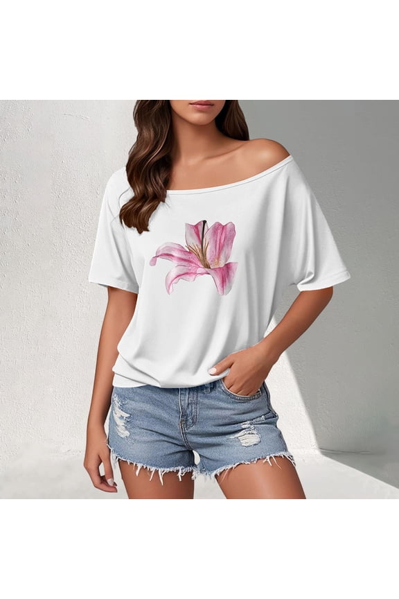 Active Tops Women Fashionable Off Women Short Sleeve Tee Shirts Solid Womens Shirts Womens Medium Shirts All Womens Women's Summer Shirts Extra Long Sleeve Women T Shirt Tech White M