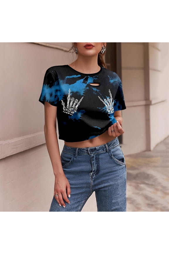 Active Tops Women Gothic Skeleton Print Distressed Halloween Tee for Everyday Style Cropped Short Sleeves Top with Edge for Casual Streetwear Blue XS