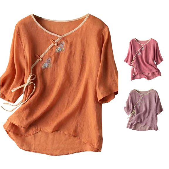 Active Tops Women Resplendent Embroidered Mandarin Style Blouse for Everyday Occasions Loose Fit Round Half Sleeve Breathable Summer Top Women’s T-Shirts Orange M