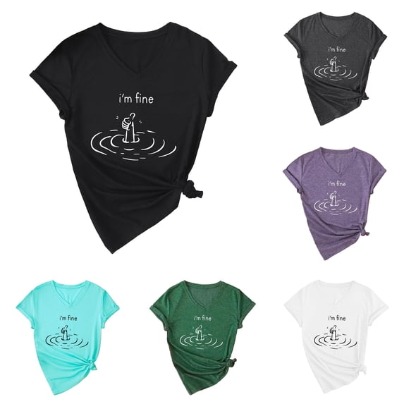 Active Tops Women T-Shirts I'm Fine Tee Shirt Funny Graphic T Shirts For Women Loose Fit Sarcastic Saying Black M
