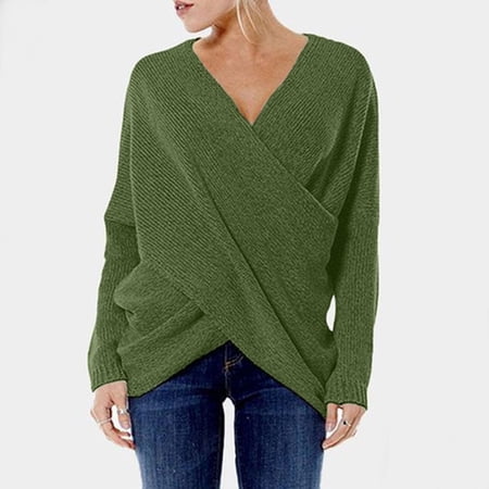 Active Tops Women T-Shirts Platform Competitors Analysis Front Knit Neck Tops with V Neck and Long Sleeves Irregular Design for Women Green XL