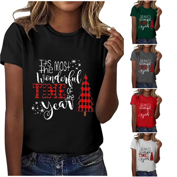Active Tops Women T-Shirts T1 Christmas Print Short Sleeve T Shirt For Women Relaxed Fit Round Neck Top Casual Holiday Tee Black XXL