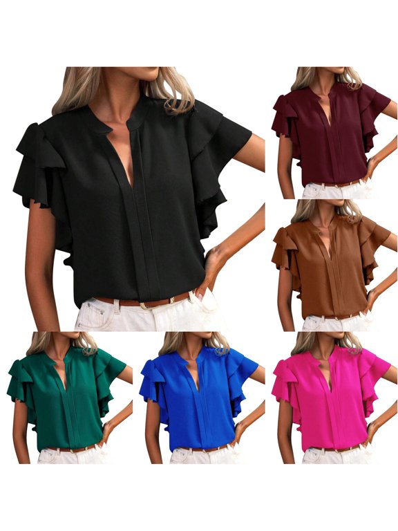 Active Tops Women T-Shirts Women's Summer V Neck Casual Double Layer Ruffle Sleeve Solid Color Top for Everyday Comfort and Stylish Everyday Wear Black L