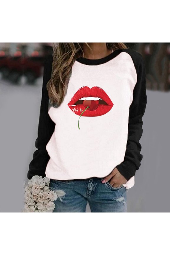 Active Tops Women T-Shirts for Women Casual Lips Print Long Sleeve Sweatshirt Loose Pullover Top Fashion Shirt Black L