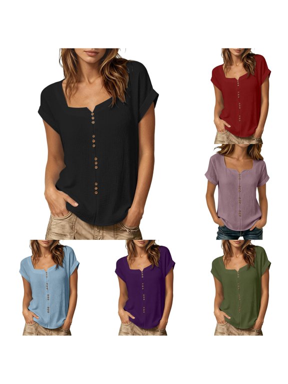 Active Tops Women’s Casual Summer Button Down Tee for Everyday Wear with Square Collar Bobble-free Solid Knit Top Black L