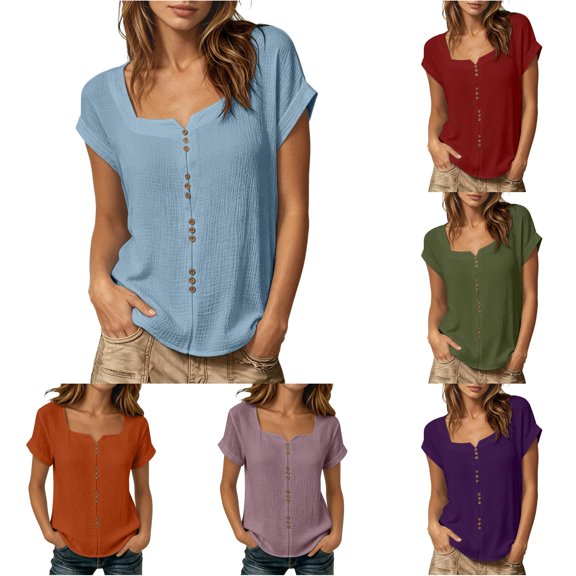Active Tops Women’s Casual Summer Button Down Tee for Everyday Wear with Square Collar Bobble-free Solid Knit Top Blue XL