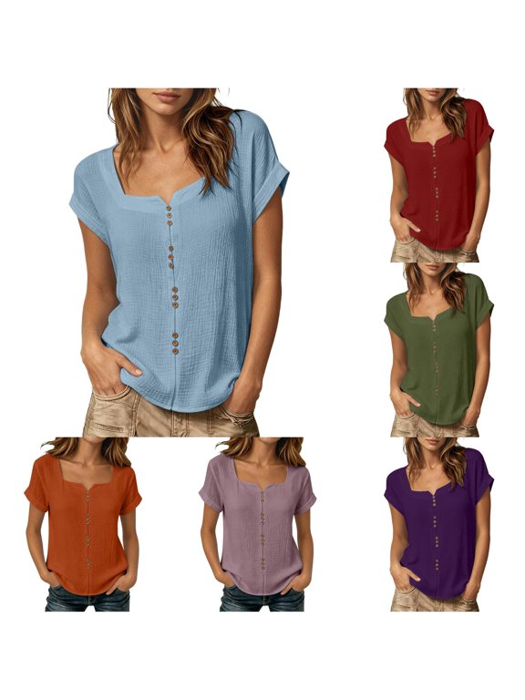 Active Tops Women’s Casual Summer Button Down Tee for Everyday Wear with Square Collar Bobble-free Solid Knit Top Blue XL