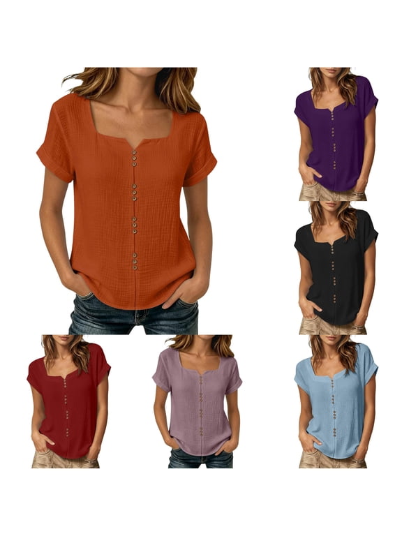 Active Tops Women’s Casual Summer Button Down Tee for Everyday Wear with Square Collar Bobble-free Solid Knit Top Orange L