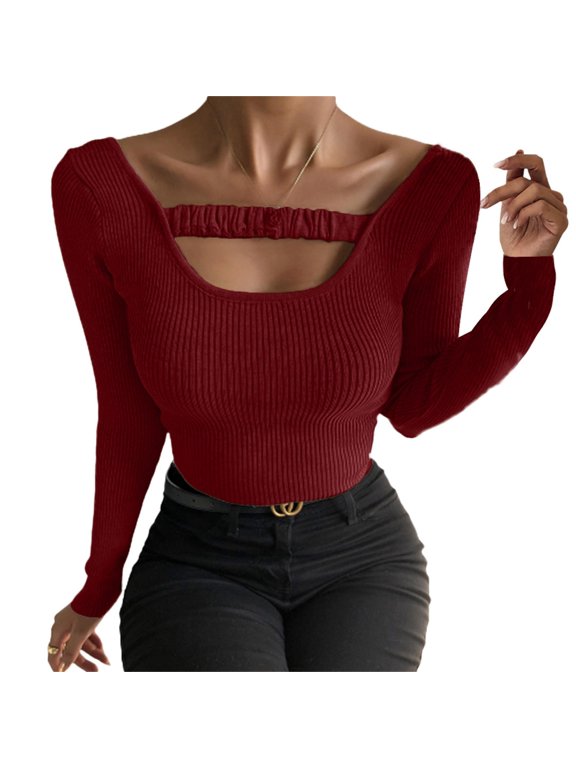 Active Tops Women’s Knit Top with Slim Fit long sleeve U-neck in Solid Color for Everyday Wear from Women’s T-Shirts line Red XL