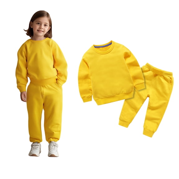 Active Tracksuit Set Long Sleeve Solid Crewneck Yellow Pullover Loose Sweatshirt and Jogger Pants 2 Pcs Warm Fall Winter Clothes Clothes for Girls 3-4 Years Boys Girls Fashion