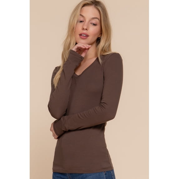 (Active USA) Long Sleeve Plain V-neck T-shirts Cotton/Spandex Junior Size & Junior Plus Size (Brown/M)