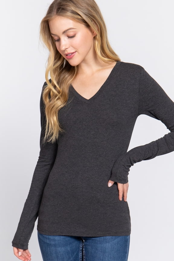 (Active USA) Long Sleeve Plain V-neck T-shirts Cotton/Spandex Junior Size & Junior Plus Size (Charcoal/2X)