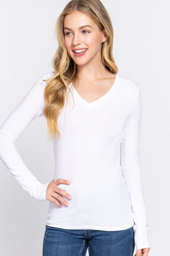 (Active USA) Long Sleeve Plain V-neck T-shirts Cotton/Spandex Junior Size & Junior Plus Size (White/M)