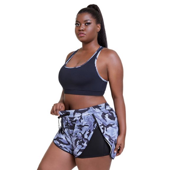 Active Wear Short Set Breathable Quick Dry Women Workout Camouflage Plus Size Sports Short Yoga Set -3XL