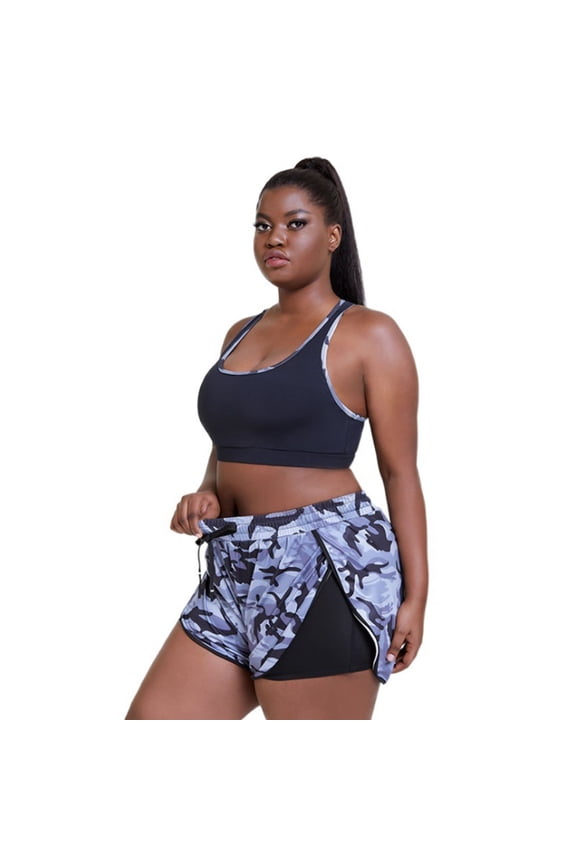 Active Wear Short Set Breathable Quick Dry Women Workout Camouflage Plus Size Sports Short Yoga Set -3XL