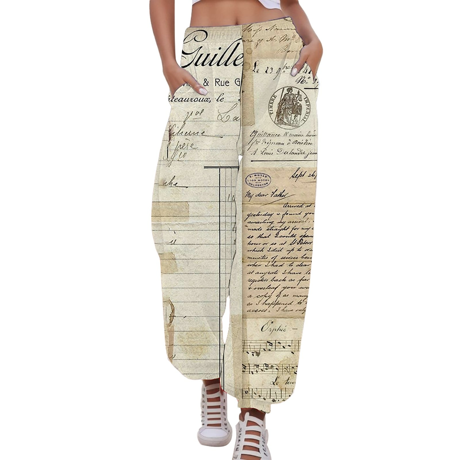 Active Women Sweatpants High Smocked Waist Printed Patchwork Sweatpants