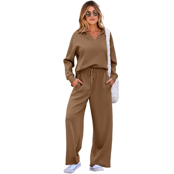 Active Women's Brown V-Neck Long Sleeve Set with High Waist Pants for Fall [ZhiHiMeRi] | XL