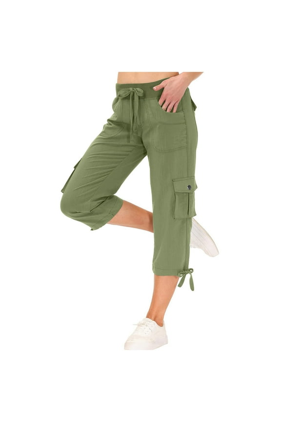 Active Women's Cargo Capri Casual Adjustable Tie Knot Waist Quick Dry Hiking Pants Comfy Cute Crop Pants