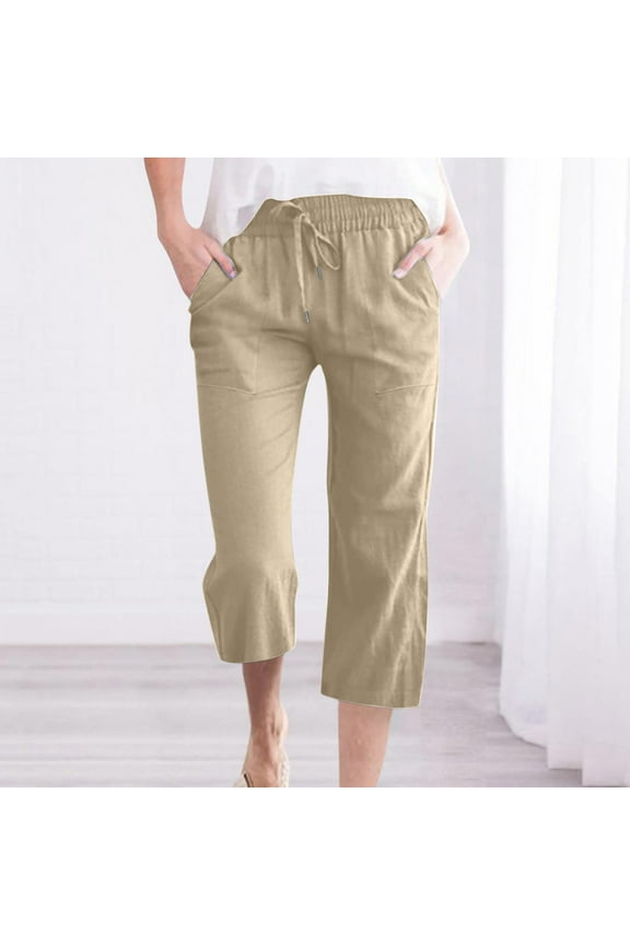 Active Women's Cargo Capri Pant with Pockets Fashion Lightweight Woven with Drawstring Khaki M
