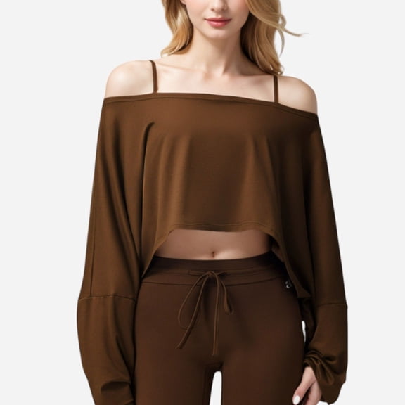 Active Women's Cropped Long Sleeve Pullover with Wide Boat Neck - Small, Brown