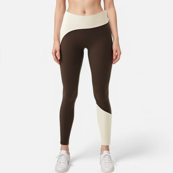 Active Women's High Waist Color Block Leggings with Contrast Panel Design - Large, Brown