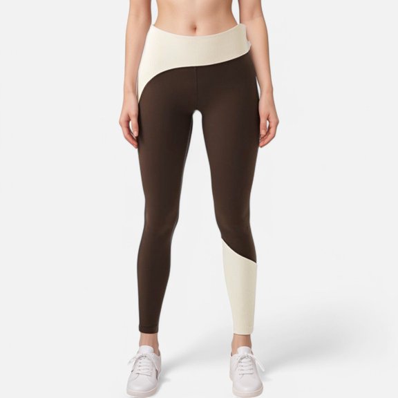 Active Women's High Waist Color Block Leggings with Contrast Panel Design - Small, Brown