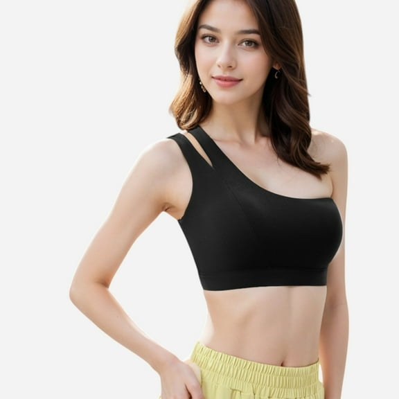 Active Women's One Shoulder Cut-Out Sports Bra with Asymmetrical Design - X Large, Black