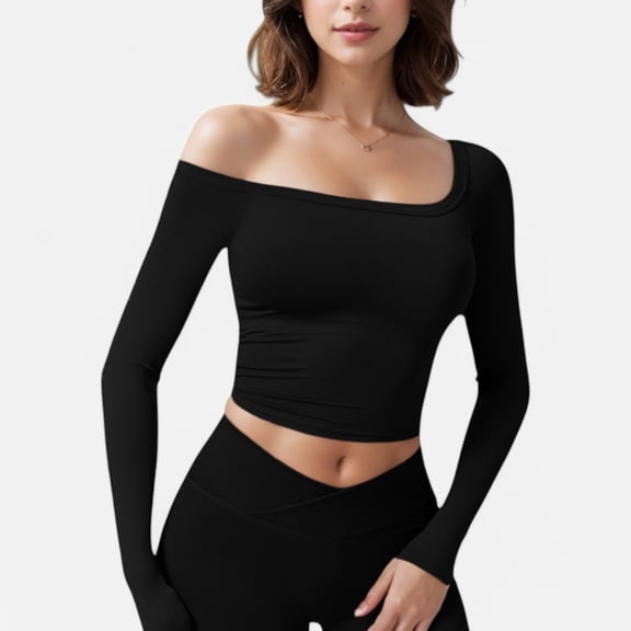 Active Women's One Shoulder Long Sleeve Crop Top with Thumb Holes - Medium, Black