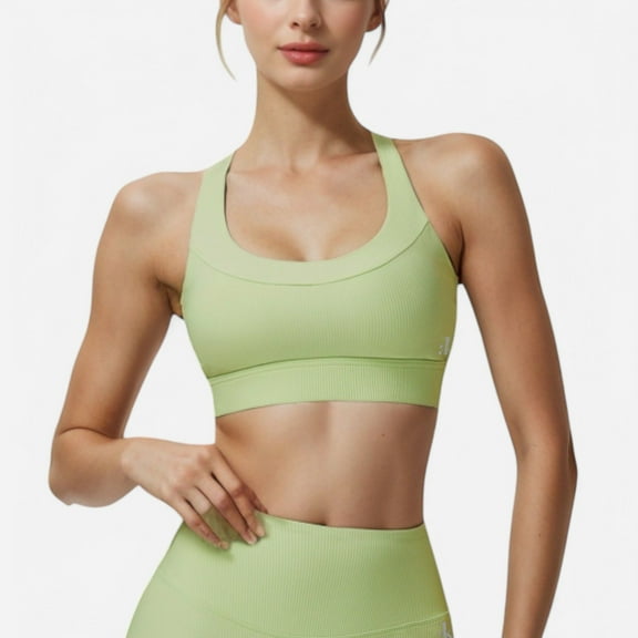 Active Women's Ribbed Scoop Neck Sports Bra with Wide Straps - Large, Green