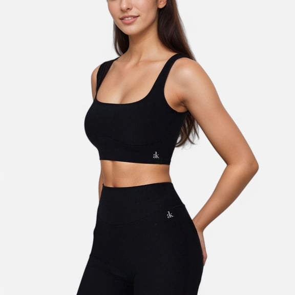 Women's Ribbed Seamless Scoop Neck Crop Top with Wide Straps and Subtle Contour Stitching - Medium, Black