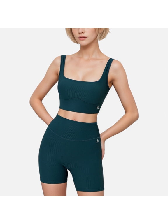 Active Women's Ribbed Seamless Scoop Neck Crop Top with Wide Straps and Subtle Contour Stitching - Medium, Olive Green