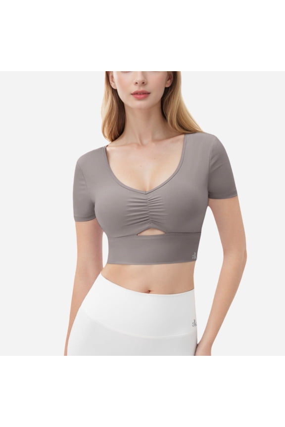 Active Women's Ruched Cutout Crop Top with Short Sleeves - Small, Gray