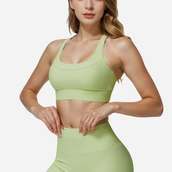 Active Women's Seamless Ribbed Sports Bra with Scoop Neck and Wide Straps - Large, Green