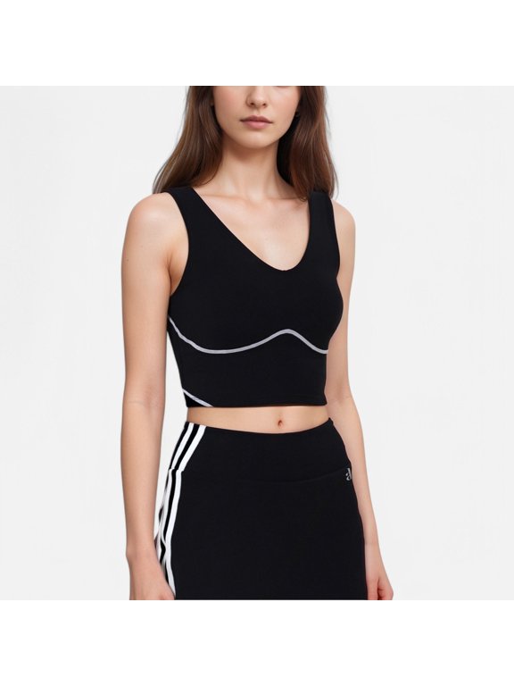 Women's Seamless V-Neck Crop Top with Contour Stitching and Contrast Piping Detail - X Large, Black