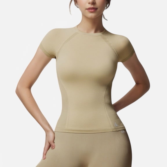 Active Women's Short Sleeve Seamless Fitted Tee with Crew Neck and Stretch Fabric - Small, Light Beige