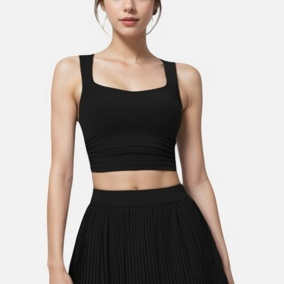 Active Women's Square Neck Cropped Tank Top with Wide Straps - X Large, Black