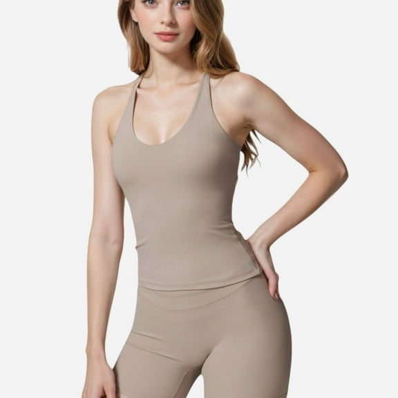 Active Women's Strappy Back Fitted Tank Top with Scoop Neck - Medium, Beige