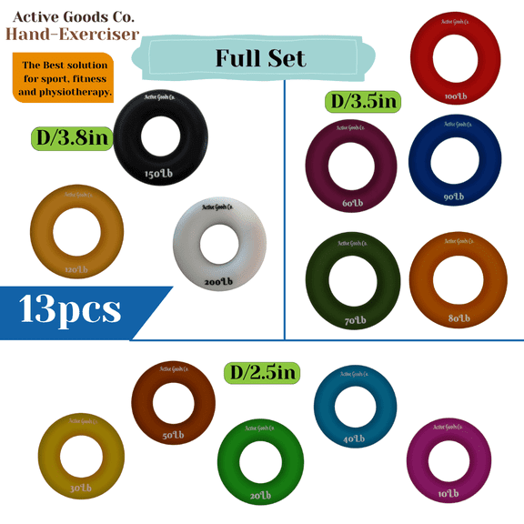 ActiveGoodsCo. Hand-Exerciser, Full Set of 13, 5pcs-2,5in/8pcs-3.5in, Single Ring or Set, Visit to see more options.