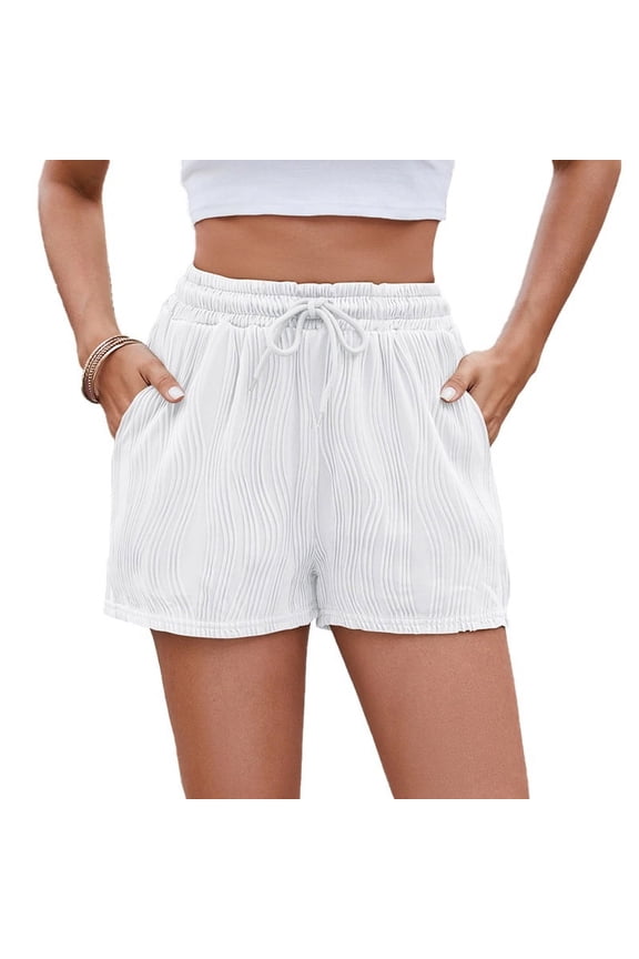 Soft Comfy Activewear Lounge Textured Shorts with Pockets and Drawstring for Women White XXL