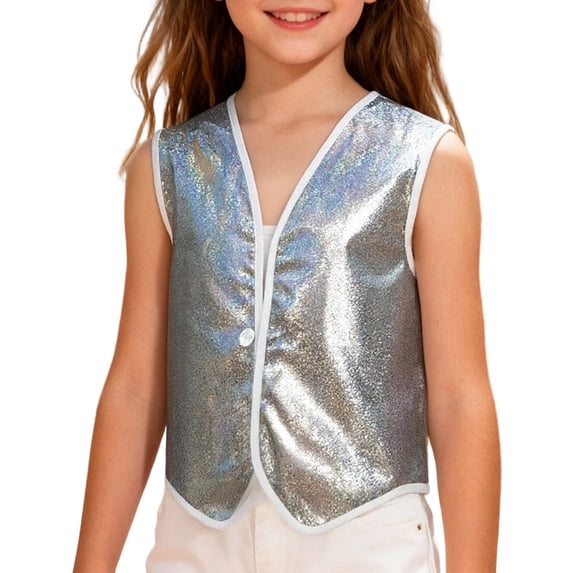 Activewear Set for Toddler Girls Sequin Vests Elegant One Button Sleeveless Jacket for Stage Performance and Casual Wear Cute Clothes Size 90
