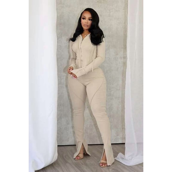 Activewear Set with Zip-Up Hoodie & Leggings (S, Beige)