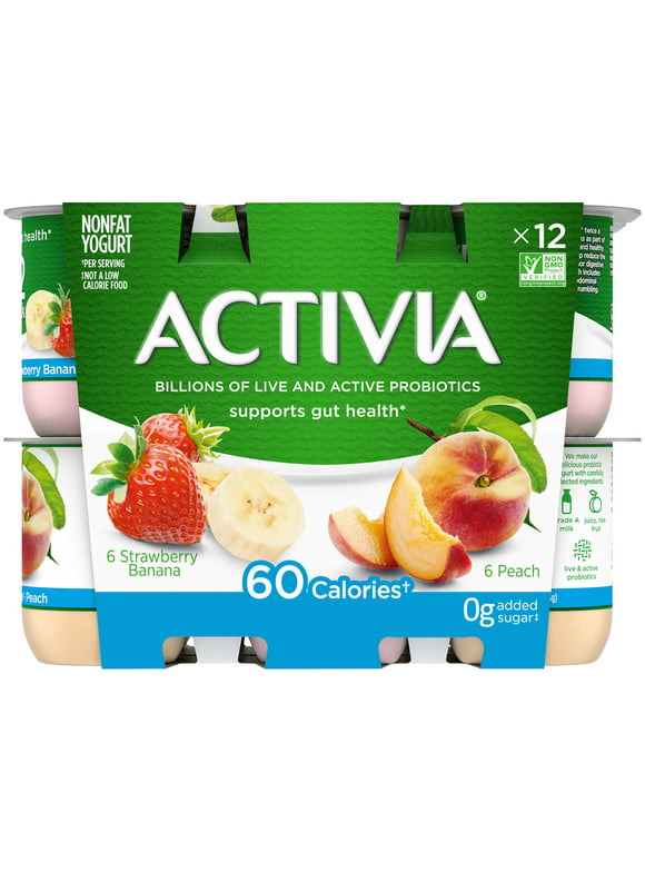 Activia 60 Calories Strawberry Banana & Peach Nonfat Probiotic Yogurt Cups, 4 oz, 12 Count
